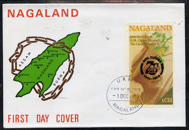Nagaland 1985 Life & Times of HM Queen Mother imperf souvenir sheet (1ch value) with Girl Guide 75th Anniversary opt in black, on cover with first day cancel, stamps on scouts, stamps on royalty, stamps on queen mother