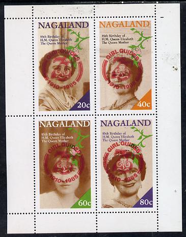Nagaland 1985 Life & Times of HM Queen Mother perf set of 4 with Girl Guide 75th Anniversary opt in red unmounted mint, stamps on scouts, stamps on royalty, stamps on queen mother