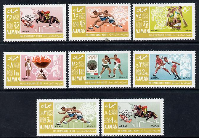 Ajman 1967 Mexico Olympics perf set of 8 in alternative colours unmounted mint, as Mi 189-96A, stamps on sport, stamps on olympics, stamps on canoeing, stamps on hurdles, stamps on show-jumping, stamps on football, stamps on boxing, stamps on horses