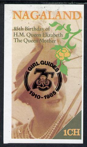 Nagaland 1985 Life & Times of HM Queen Mother imperf souvenir sheet (1ch value) with Girl Guide 75th Anniversary opt in black unmounted mint, stamps on scouts, stamps on royalty, stamps on queen mother