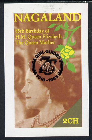 Nagaland 1985 Life & Times of HM Queen Mother imperf deluxe sheet (2ch value) with Girl Guide 75th Anniversary opt in black unmounted mint, stamps on scouts, stamps on royalty, stamps on queen mother