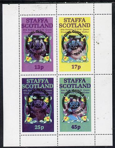 Staffa 1985 Life & Times of HM Queen Mother perf set of 4 with Girl Guide 75th Anniversary opt in black unmounted mint, stamps on scouts, stamps on royalty, stamps on queen mother