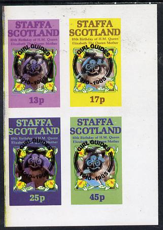 Staffa 1985 Life & Times of HM Queen Mother imperf set of 4 with Girl Guide 75th Anniversary opt in black unmounted mint, stamps on scouts, stamps on royalty, stamps on queen mother