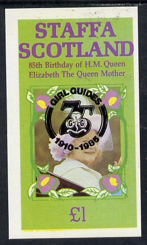 Staffa 1985 Life & Times of HM Queen Mother imperf souvenir sheet (Â£1 value) with Girl Guide 75th Anniversary opt in black unmounted mint, stamps on , stamps on  stamps on scouts, stamps on  stamps on royalty, stamps on  stamps on queen mother