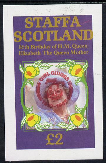 Staffa 1985 Life & Times of HM Queen Mother imperf deluxe sheet (Â£2 value) with Girl Guide 75th Anniversary opt in red unmounted mint, stamps on scouts, stamps on royalty, stamps on queen mother