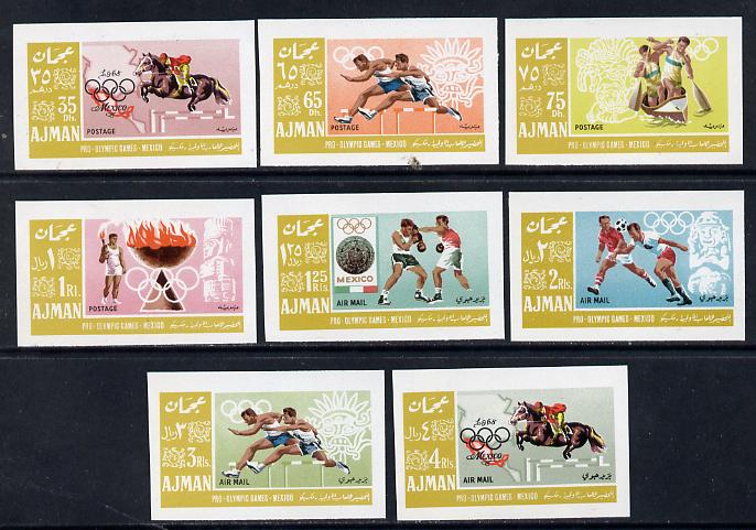 Ajman 1967 Mexico Olympics imperf set of 8 in alternative colours unmounted mint, as Mi 189-96B, stamps on sport, stamps on olympics, stamps on canoeing, stamps on hurdles, stamps on show-jumping, stamps on football, stamps on boxing, stamps on horses