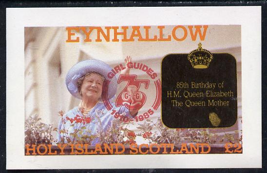 Eynhallow 1985 Life & Times of HM Queen Mother imperf deluxe sheet (Â£2 value) with Girl Guide 75th Anniversary opt in red unmounted mint, stamps on scouts, stamps on royalty, stamps on queen mother