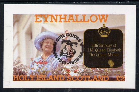 Eynhallow 1985 Life & Times of HM Queen Mother imperf deluxe sheet (Â£2 value) with Girl Guide 75th Anniversary opt in black unmounted mint, stamps on scouts, stamps on royalty, stamps on queen mother