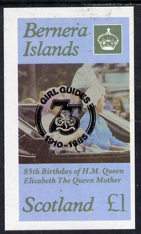 Bernera 1985 Life & Times of HM Queen Mother imperf souvenir sheet (Â£1 value) with Girl Guide 75th Anniversary opt in black unmounted mint, stamps on scouts, stamps on royalty, stamps on queen mother