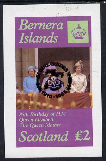 Bernera 1985 Life & Times of HM Queen Mother imperf deluxe sheet (Â£2 value) with Girl Guide 75th Anniversary opt in black unmounted mint, stamps on scouts, stamps on royalty, stamps on queen mother