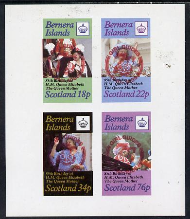 Bernera 1985 Life & Times of HM Queen Mother imperf set of 4 with Girl Guide 75th Anniversary opt in red unmounted mint, stamps on , stamps on  stamps on scouts, stamps on  stamps on royalty, stamps on  stamps on queen mother