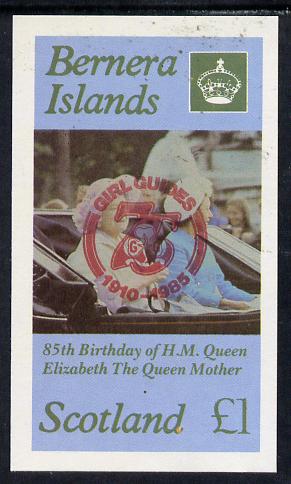 Bernera 1985 Life & Times of HM Queen Mother imperf souvenir sheet (Â£1 value) with Girl Guide 75th Anniversary opt in red unmounted mint, stamps on scouts, stamps on royalty, stamps on queen mother