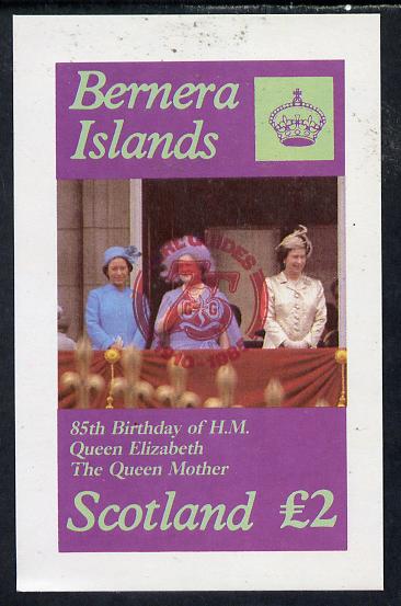 Bernera 1985 Life & Times of HM Queen Mother imperf deluxe sheet (Â£2 value) with Girl Guide 75th Anniversary opt in red unmounted mint, stamps on scouts, stamps on royalty, stamps on queen mother