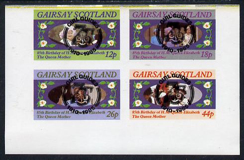 Gairsay 1985 Life & Times of HM Queen Mother imperf set of 4 with Girl Guide 75th Anniversary opt in black unmounted mint, stamps on , stamps on  stamps on scouts, stamps on  stamps on royalty, stamps on  stamps on queen mother