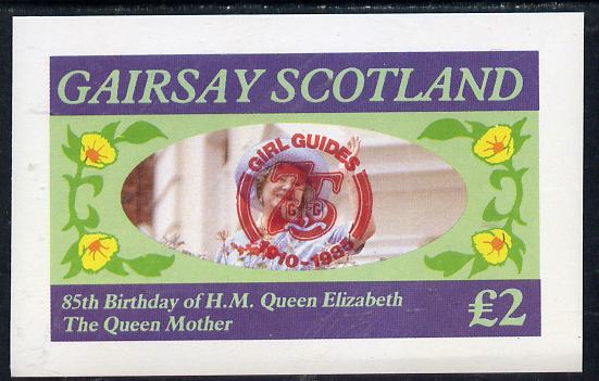 Gairsay 1985 Life & Times of HM Queen Mother imperf deluxe sheet (Â£2 value) with Girl Guide 75th Anniversary opt in red, unmounted mint, stamps on scouts, stamps on royalty, stamps on queen mother