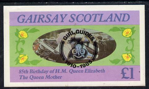 Gairsay 1985 Life & Times of HM Queen Mother imperf souvenir sheet (Â£1 value) with Girl Guide 75th Anniversary opt in black unmounted mint, stamps on scouts, stamps on royalty, stamps on queen mother