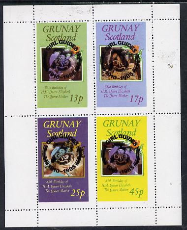 Grunay 1985 Life & Times of HM Queen Mother perf set of 4 with Girl Guide 75th Anniversary opt in black unmounted mint, stamps on scouts, stamps on royalty, stamps on queen mother