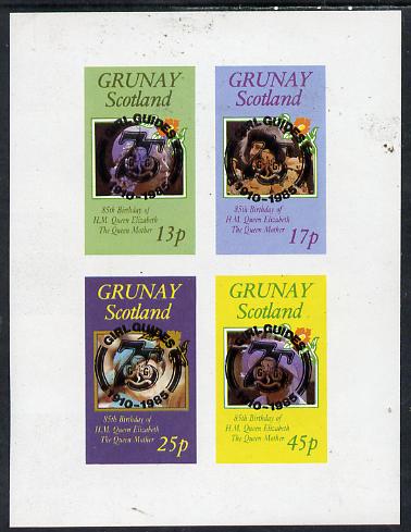 Grunay 1985 Life & Times of HM Queen Mother imperf set of 4 with Girl Guide 75th Anniversary opt in black unmounted mint, stamps on scouts, stamps on royalty, stamps on queen mother