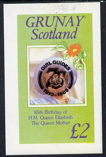 Grunay 1985 Life & Times of HM Queen Mother imperf deluxe sheet (Â£2 value) with Girl Guide 75th Anniversary opt in black unmounted mint, stamps on scouts, stamps on royalty, stamps on queen mother