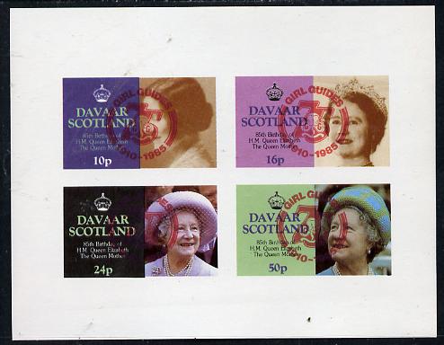 Davaar Island 1985 Life & Times of HM Queen Mother imperf set of 4 with Girl Guide 75th Anniversary opt in red unmounted mint, stamps on scouts, stamps on royalty, stamps on queen mother