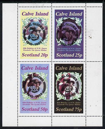 Calve Island 1985 Life & Times of HM Queen Mother perf set of 4 with Girl Guide 75th Anniversary opt in black unmounted mint, stamps on scouts, stamps on royalty, stamps on queen mother