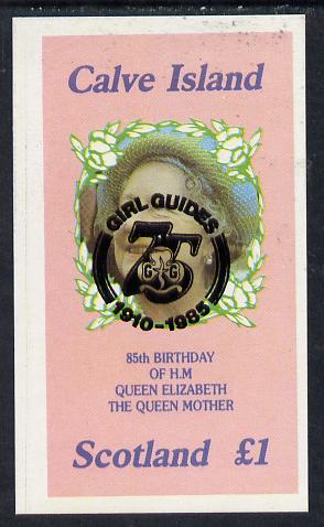 Calve Island 1985 Life & Times of HM Queen Mother imperf souvenir sheet (Â£1 value) with Girl Guide 75th Anniversary opt in black unmounted mint , stamps on scouts, stamps on royalty, stamps on queen mother