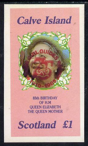 Calve Island 1985 Life & Times of HM Queen Mother imperf souvenir sheet (Â£1 value) with Girl Guide 75th Anniversary opt in red unmounted mint, stamps on scouts, stamps on royalty, stamps on queen mother