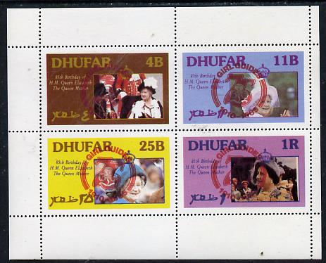 Dhufar 1985 Life & Times of HM Queen Mother perf set of 4 with Girl Guide 75th Anniversary opt in red unmounted mint, stamps on scouts, stamps on royalty, stamps on queen mother