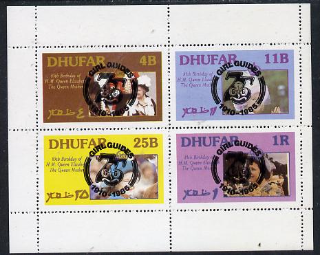 Dhufar 1985 Life & Times of HM Queen Mother perf set of 4 with Girl Guide 75th Anniversary opt in black unmounted mint, stamps on scouts, stamps on royalty, stamps on queen mother