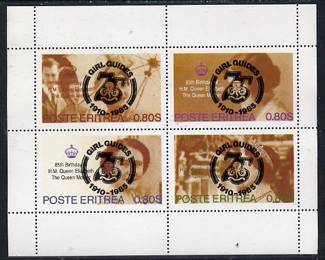 Eritrea 1985 Life & Times of HM Queen Mother perf set of 4 with Girl Guide 75th Anniversary opt in black, stamps on scouts, stamps on royalty, stamps on queen mother