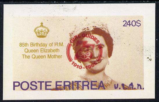 Eritrea 1985 Life & Times of HM Queen Mother imperf deluxe sheet ($240 value) with Girl Guide 75th Anniversary opt in red unmounted mint, stamps on scouts, stamps on royalty, stamps on queen mother