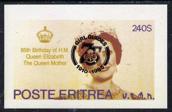 Eritrea 1985 Life & Times of HM Queen Mother imperf deluxe sheet ($240 value) with Girl Guide 75th Anniversary opt in black unmounted mint, stamps on scouts, stamps on royalty, stamps on queen mother