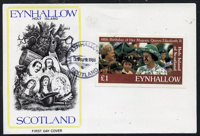 Eynhallow 1986 Queen's 60th Birthday imperf souvenir sheet (\A31 value with Cub-Scouts in crowd) with AMERIPEX opt in black on cover with first day cancel , stamps on scouts, stamps on royalty, stamps on 60th birthday, stamps on stamp exhibitions