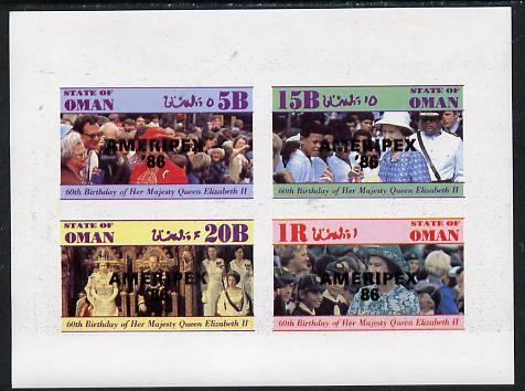 Oman 1986 Queens 60th Birthday imperf set of 4 with AMERIPEX opt in black (1R value shows Cub-Scouts in crowd) unmounted mint, stamps on scouts, stamps on royalty, stamps on 60th birthday, stamps on stamp exhibitions