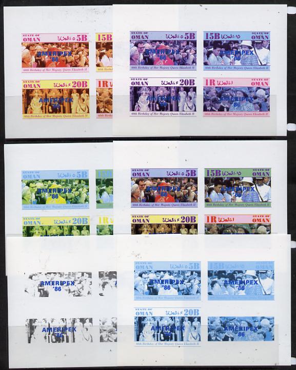 Oman 1986 Queen's 60th Birthday imperf set of 4 with AMERIPEX opt in blue (1R value shows Cub-Scouts in crowd) set of 6 progressive proofs comprising single & composite combinations incl completed design unmounted mint, stamps on scouts, stamps on royalty, stamps on 60th birthday, stamps on stamp exhibitions