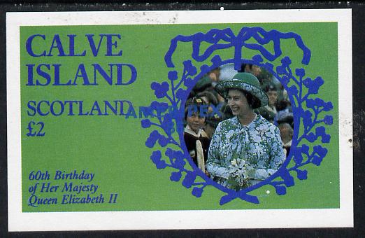 Calve Island 1986 Queen's 60th Birthday imperf deluxe sheet (Â£2 value with Cub-Scouts in crowd) with AMERIPEX opt in blue unmounted mint, stamps on scouts, stamps on royalty, stamps on 60th birthday, stamps on stamp exhibitions