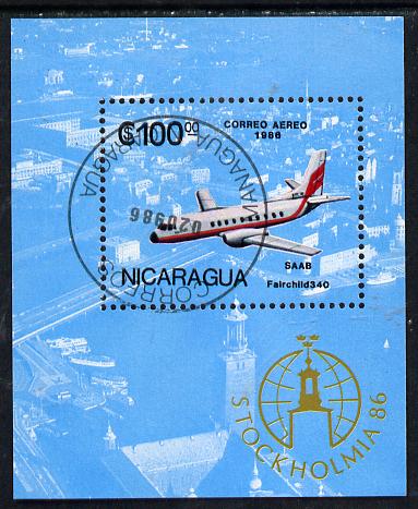 Nicaragua 1986 'Stockholmia 86' Stamp Exhibition (Saab Aeroplane) m/sheet cto used, SG MS 2790, stamps on aviation, stamps on saab, stamps on stamp exhibitions