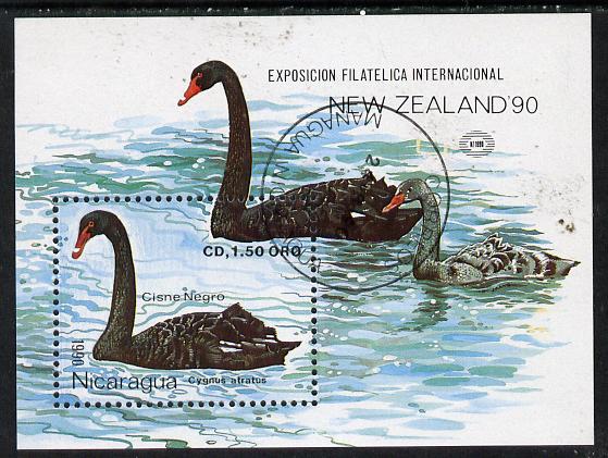 Nicaragua 1990 New Zealand 1990 Stamp Exhibition (Black Swan) m/sheet cto used, SG MS 3078, stamps on swan, stamps on birds, stamps on , stamps on stamp exhibitions