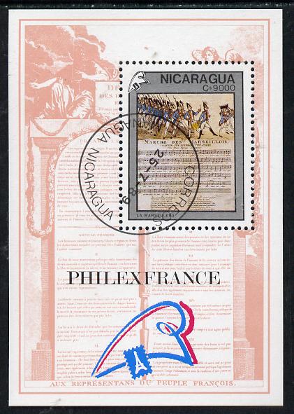 Nicaragua 1989 Philexfrance 89 Stamp Exhibition (French Revolution & Music score) m/sheet cto used, SG MS 3053, stamps on battles    music     militaria     stamp exhibitions     revolutions