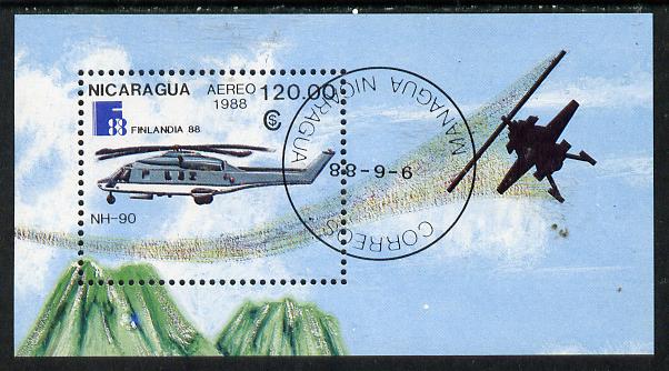 Nicaragua 1988 Finlandia 88 Stamp Exhibition (Helicopters) m/sheet cto used, SG MS 2978, stamps on aviation    helicopters     stamp exhibitions    volcanoes