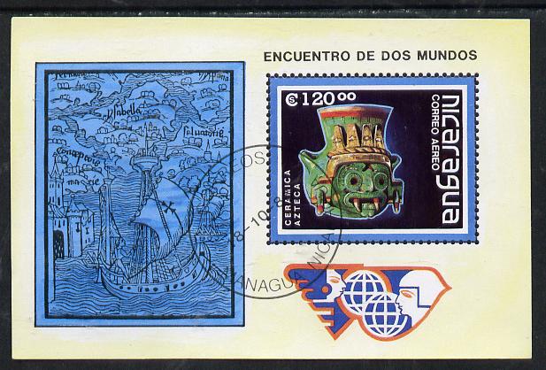 Nicaragua 1988 Discovery of America (Pre-Columbrian Art & Santa Maria) m/sheet cto used, SG MS 3010, stamps on arts    americana    columbus   ships    explorers