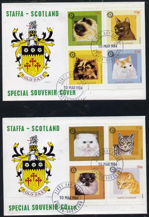 Staffa 1984 Rotary - Domestic Cats perf set of 8 values (10p to 50p) on two covers with first day cancels, stamps on , stamps on  stamps on cats  rotary