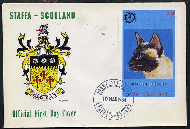 Staffa 1984 Rotary - Domestic Cats imperf deluxe sheet (\A32 value) on cover with first day cancel, stamps on cats  rotary