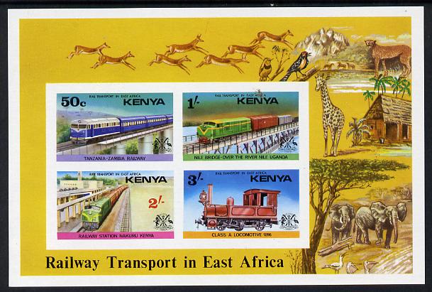 Kenya 1976 Railway Transport imperf m/sheet unmounted mint, as SG MS 70, stamps on railways, stamps on animals, stamps on elephants, stamps on giraffes, stamps on bridges