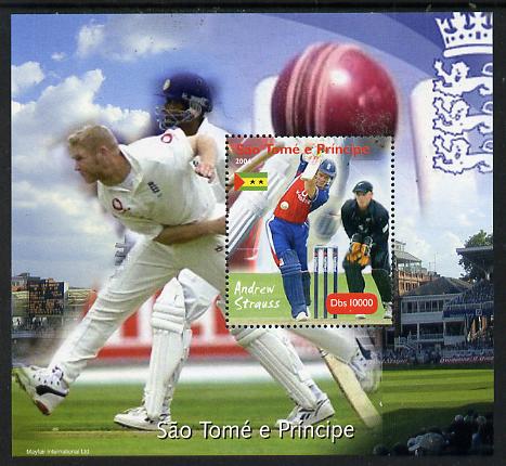 St Thomas & Prince Islands 2004 Cricket - Andrew Strauss perf souvenir sheet unmounted mint. Note this item is privately produced and is offered purely on its thematic appeal, stamps on sport, stamps on cricket