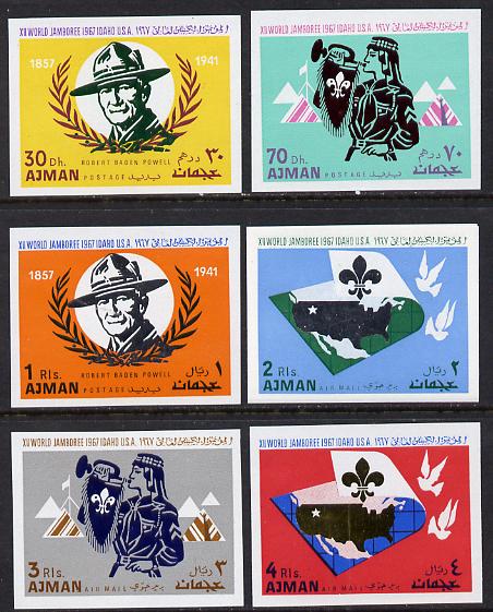 Ajman 1967 Scouts imperf set of 6 unmounted mint (Mi 182-7B) , stamps on scouts