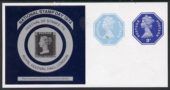 Great Britain 1974 National Stamp Day postally valid Exhibition sheet containing Octagonal Machin 1/2p & 3p with reproduction of 1d black unmounted mint, stamps on stamp on stamp, stamps on stamp exhibitions, stamps on cinderella, stamps on stamponstamp