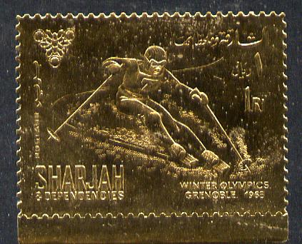 Sharjah 1968 Winter Olympics 1r (Skiing) perf embossed in gold foil, unmounted mint Mi 464A , stamps on , stamps on  stamps on sport   skiing    olympics