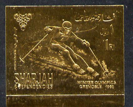 Sharjah 1968 Winter Olympics 1r (Skiing) imperf embossed in gold foil unmounted mint, Mi 464B , stamps on sport   skiing    olympics