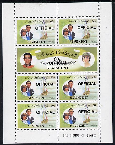 St Vincent 1981 Royal Wedding 60c Sheetlet (Royal Yacht Isabella) opt'd Official, unmounted mint SG O1a, stamps on ships     royalty, stamps on diana, stamps on charles, stamps on     sailing